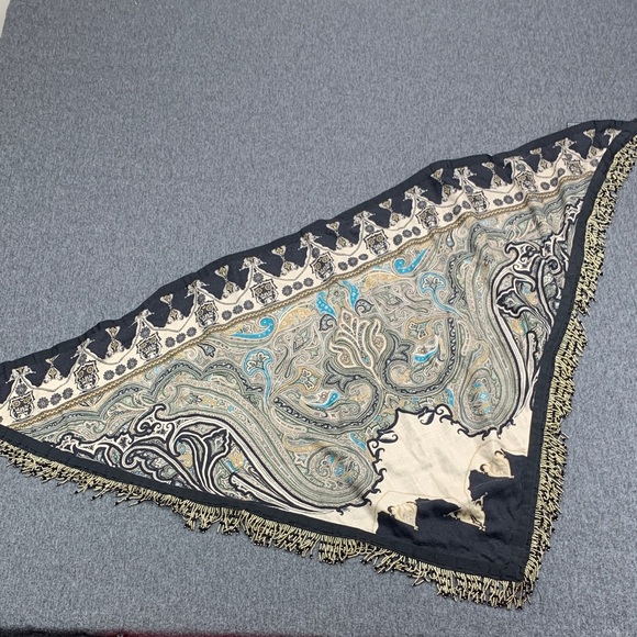 Etro Accessories - ETRO MIlano Triangular Paisley Print CASHMERE & SILK Scarf Tassel in Teal/Black
